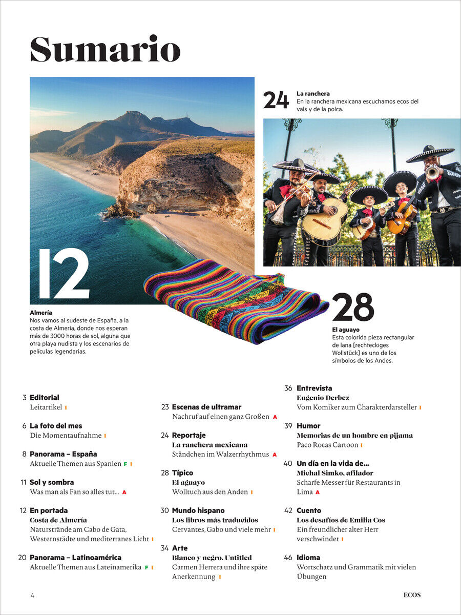 Die September-Ausgabe 2024 des Ecos Magazins zeigt verschiedene Artikel zur spanischen und lateinamerikanischen Kultur, Reisen, und Sprache mit Bildern eines Strands und einer mexikanischen Musikgruppe.