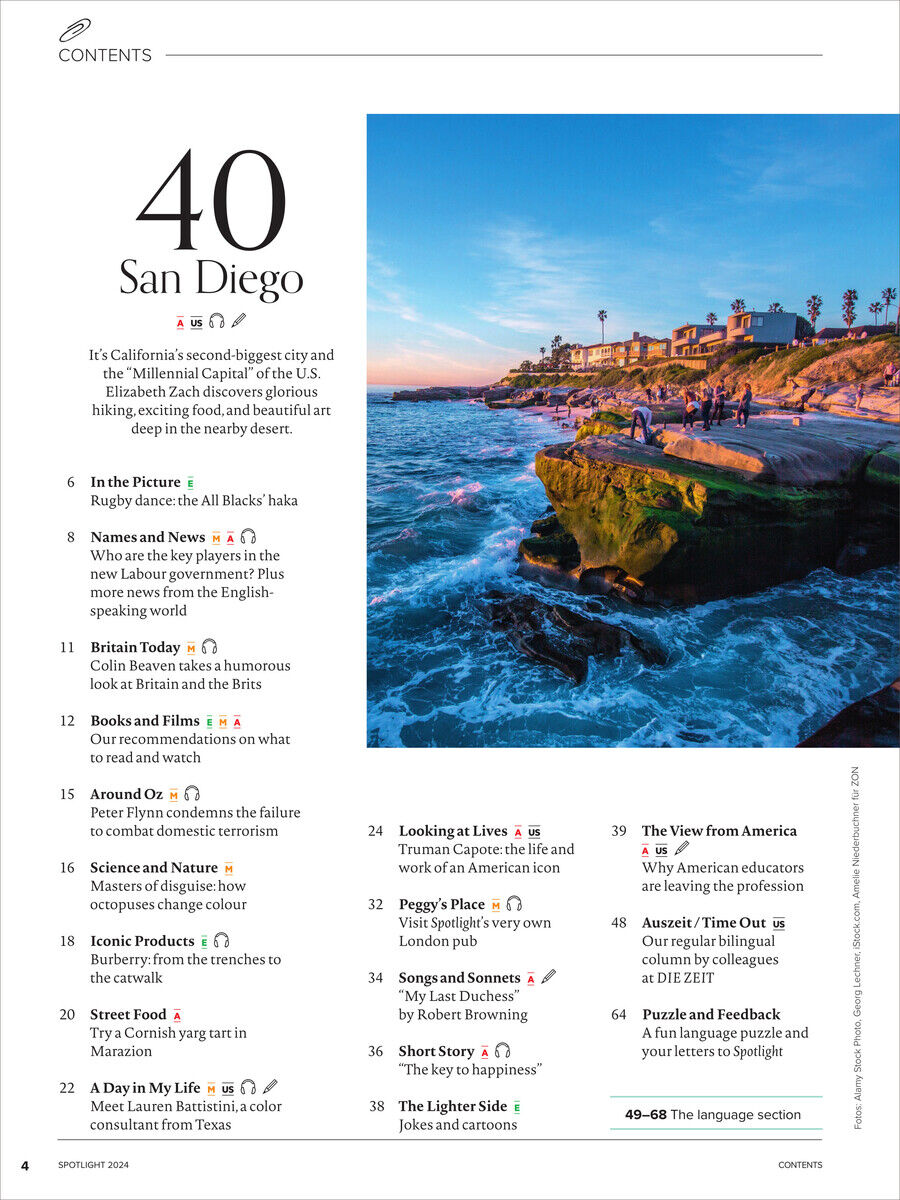 Das Titelbild des Spotlight Magazins 11/2024 zeigt eine malerische Küstenlandschaft von San Diego, Kalifornien. Der blaue Himmel, das grüne Ufer und die braunen Felsen geben eine friedliche Atmosphäre wieder. Es gibt auch palmengesäumte Klippen und Ozeanwellen im Hintergrund. Rechts unten auf dem Bild ist der Inhalt des Magazins in schwarzer Schrift auf weißem Hintergrund dargestellt.
