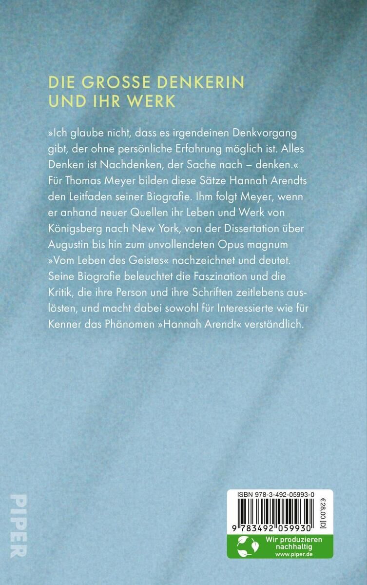 Rückseite des Buches 'Meyer, T: Hannah Arendt' mit einem grünen Hintergrund und weißem Text, der die Biografie von Hannah Arendt und das Werk von Thomas Meyer beschreibt. Unten rechts befindet sich ein Barcode und das Piper Verlag Logo.