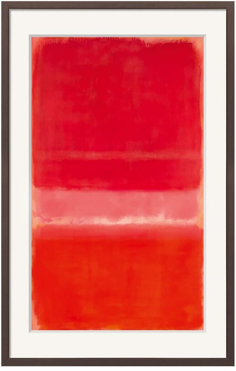 Ein Gemälde von Mark Rothko mit dem Titel »Untitled (Red), 1956«. Es zeigt verschiedene Schattierungen von Rot, Orange und Rosa in abstrakten, rechteckigen Formen, die übereinander angeordnet sind. Das Gemälde ist in einem schlichten Rahmen präsentiert.