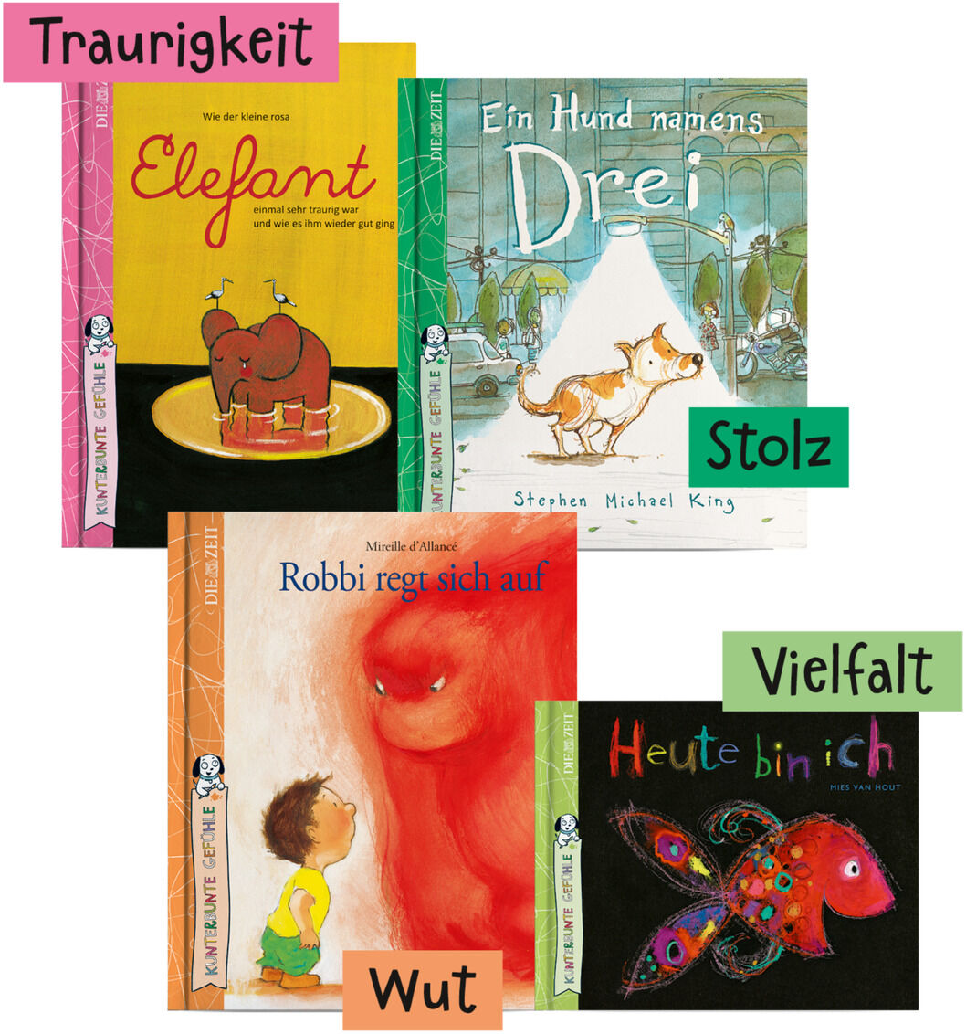 Eine Sammlung von fünf Kinderbüchern der ZEIT-Edition »Kunterbunte Gefühle« zeigt verschiedene Themen und Emotionen wie Traurigkeit, Wut, Stolz und Vielfalt. Bunte und ansprechende Illustrationen von Tieren und Figuren.
