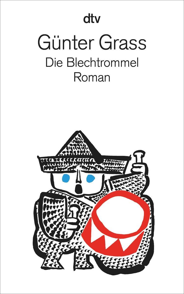 Buchcover des Romans 'Die Blechtrommel' von Günter Grass, veröffentlicht von dtv. Die Illustration zeigt einen stilisierten kleinen Jungen in schwarz-weißer Kleidung mit einem roten Trommel, das er in den Händen hält.