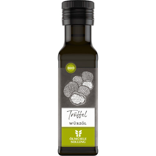 Abgebildet ist eine dunkelglasige Flasche Bio-Trüffelwürzöl von der Marke Ölmühle Solling. Das schlichte Etikett mit Zeichnung von Trüffeln und der grünen BIO-Kennzeichnung weist darauf hin, dass es sich um ein hochwertiges Produkt für Genießer und Feinschmecker handelt.