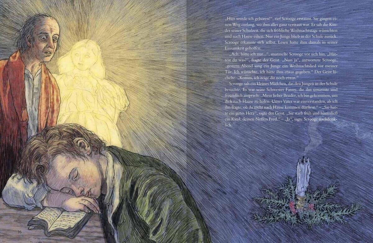 Illustration aus dem Buch 'Weihnachtsgeschichte nach Charles Dickens' von Rainer Toman. Sie zeigt eine Person, die auf einem Tisch schläft, während ein Geist und ein beleuchtetes Gewächs mit Kerze im Hintergrund sichtbar sind.