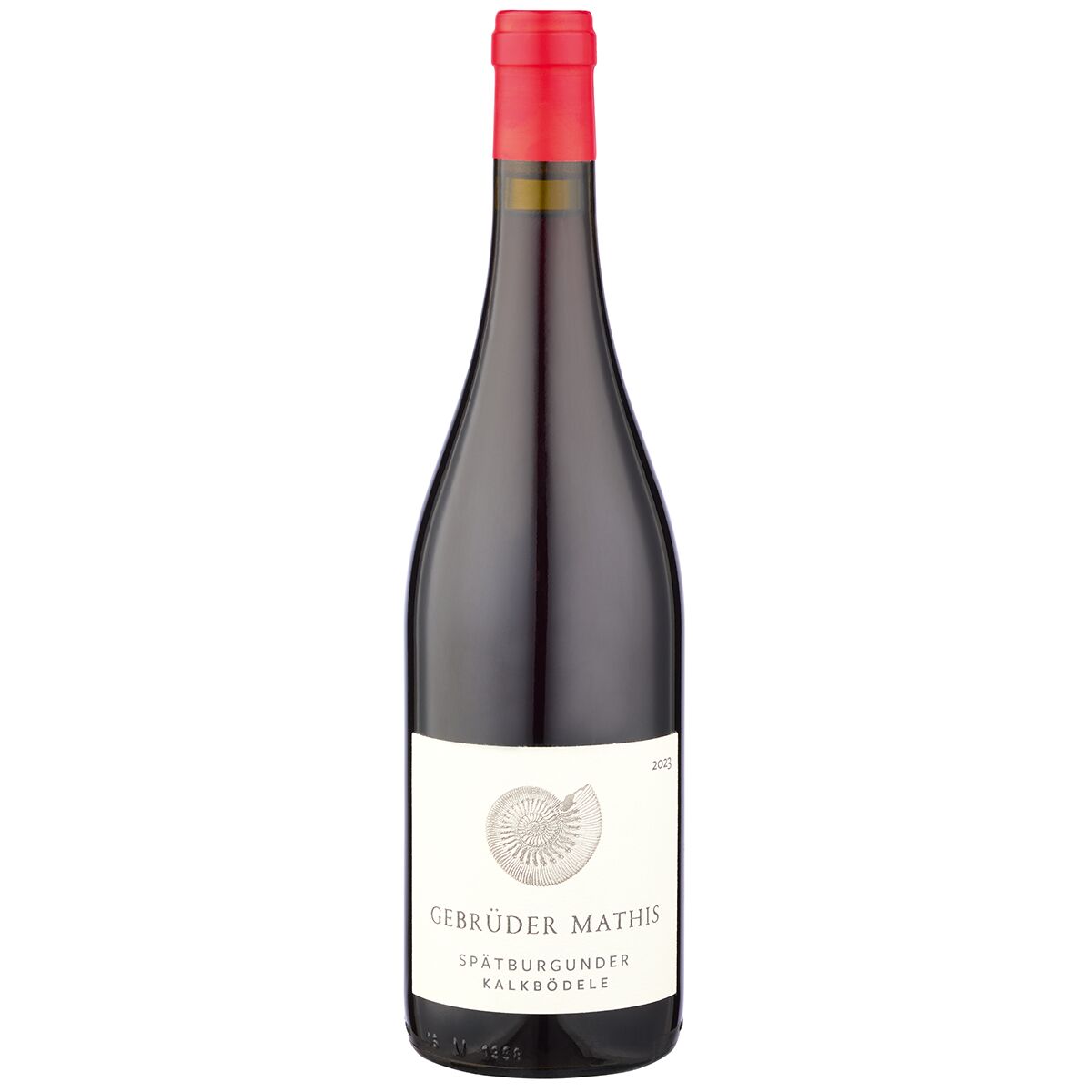 Eine stehende Flasche ZEIT-Weinedition »Baden« Spätburgunder der Gebrüder Mathis mit hellweißem Etikett, rotem Flaschenhalsverschluss und minimalistischer Gestaltung auf weißem Hintergrund.