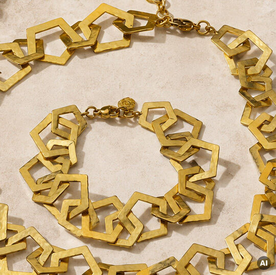 Das Bild zeigt ein Armband und eine Kette der Marke Ars mundi aus vergoldetem Messing. Die Schmuckstücke bestehen aus ineinander verschlungenen, geometrischen Vierecken in sattem Goldton und liegen auf einer hellbeigen Steinoberfläche dekorativ arrangiert.