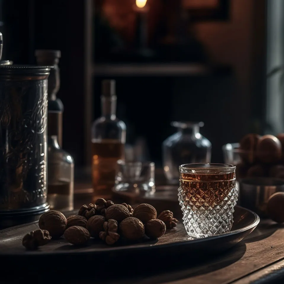 Das Bild zeigt eine gemütliche, herbstliche Szene mit einem Glas Likörwein auf einem Tablett, umgeben von Nüssen und verschiedenen Flaschen. Der Hintergrund ist leicht unscharf und vermittelt eine warme, rustikale Atmosphäre.