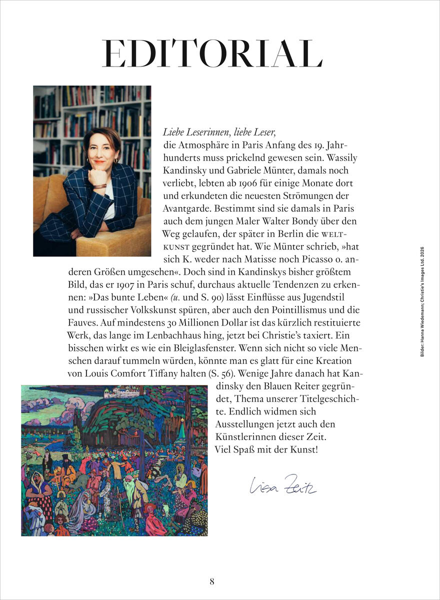 Oben ein Porträt einer Frau in dunklem Kleid vor Bücherregal, daneben Editorial-Text mit Überschrift 'EDITORIAL'. Unten links ein farbenfrohes Gemälde mit vielen kleinen Figuren, dynamisch bunt. Das Layout ist klar strukturiert und kunstaffin gestaltet.