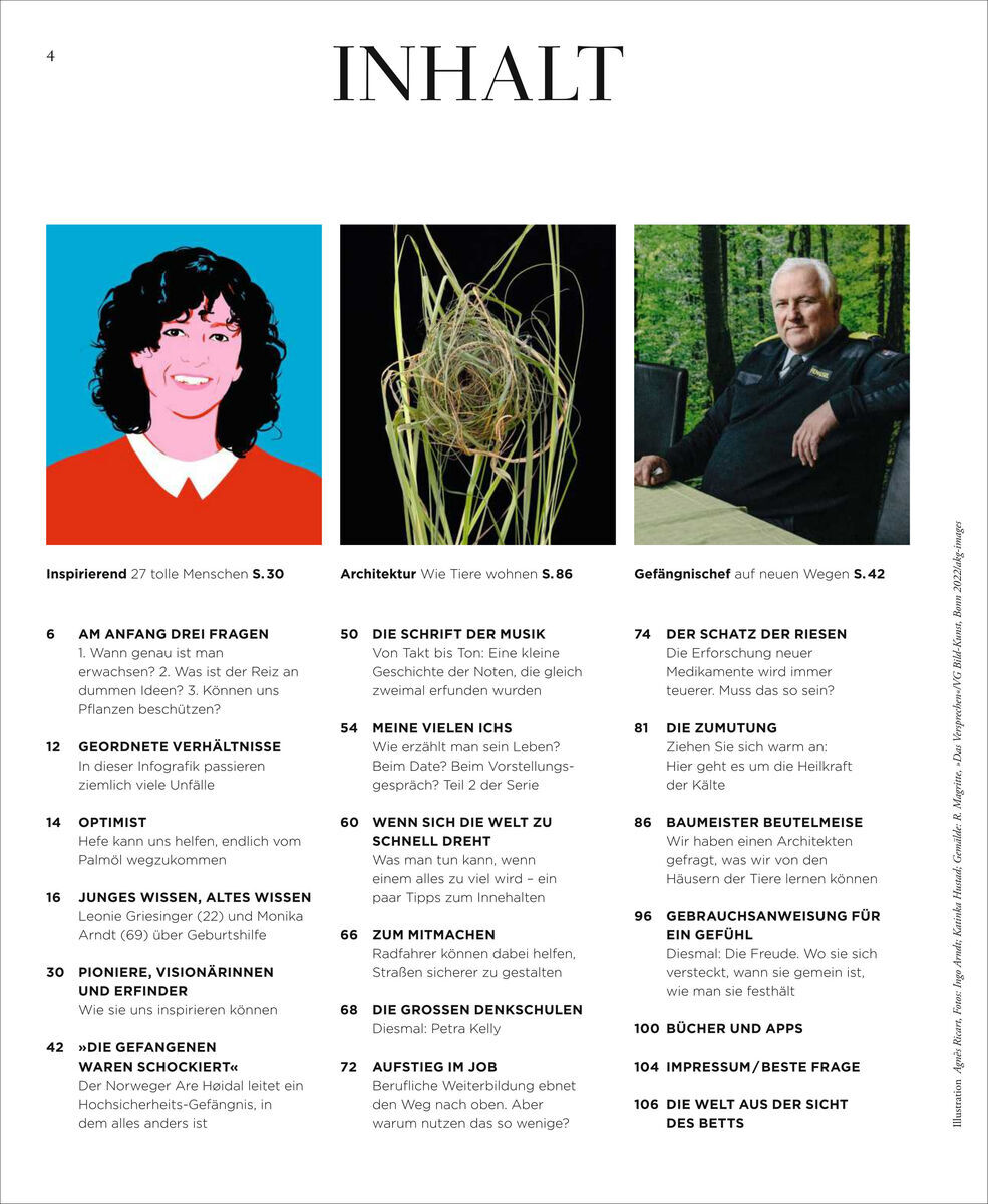 Die Seite 4 des ZEIT WISSEN Magazins 2/22 mit der Überschrift 'INHALT'. Die Seite enthält ein Inhaltsverzeichnis und drei Bilder. Links ein Portrait einer Frau in rosa Farben, in der Mitte ein Vogelnest, und rechts ein älterer Mann sitzend in einer Gartenumgebung. Die Überschriften für die Abschnitte sind inspiriert, Architektur und Gefängnisfreiheit.
