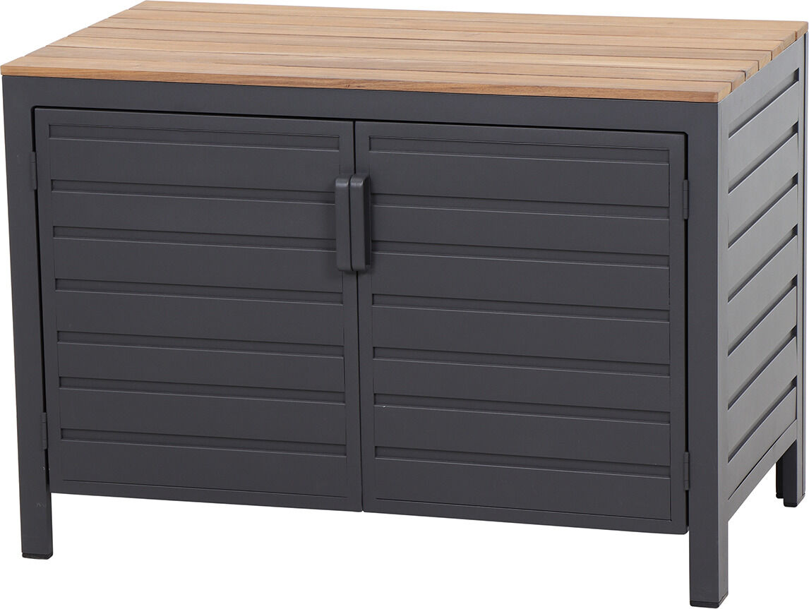 Outdoor-Küche Mittelteil niedrig 'Sierra' aus wetterfestem Material mit Holz-Optik und Metallrahmen, geeignet für Garten und Terrasse.