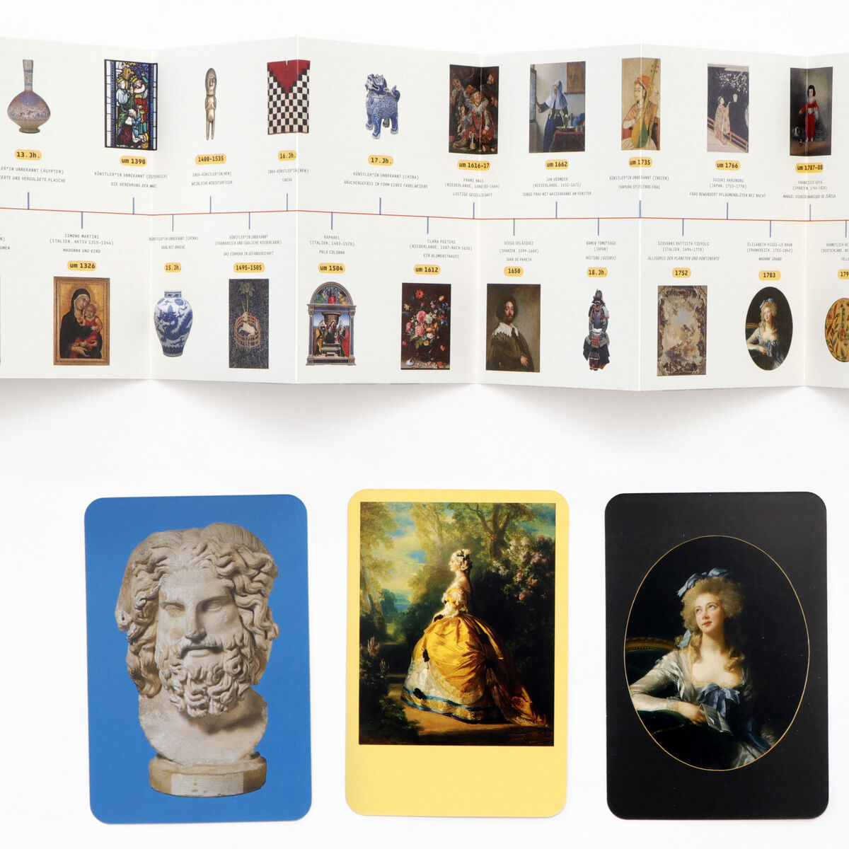 Das Bild zeigt das Zeitleistenspiel »Früher oder Später«. Es umfasst eine lange, gefaltete Zeitachse mit Bildern historischer und künstlerischer Werke sowie vier große Karten mit unterschiedlichen Kunstwerken: eine antike Büste auf einer blauen Karte, ein Gemälde einer Frau in einem gelben Kleid auf einer gelben Karte, ein Porträt einer Dame auf einer schwarzen Karte und eine Skulptur auf einer roten Karte.