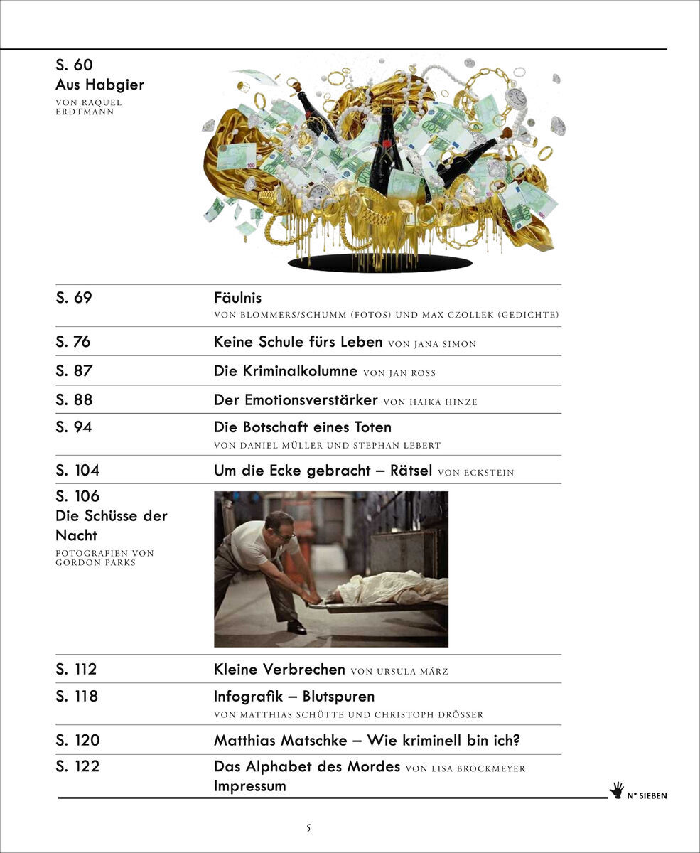 Das Bild zeigt das Cover des Magazins 'ZEIT VERBRECHEN 7/20'. Darauf sind verschiedene Artikelüberschriften aus dem Inhalt zu lesen. Das Cover ist hauptsächlich in Weiß mit schwarzen Texten gestaltet. Es gibt einige goldene und grüne Illustrationen sowie ein Bild von einem Mann auf dem Boden, das in den Text eingebettet ist.