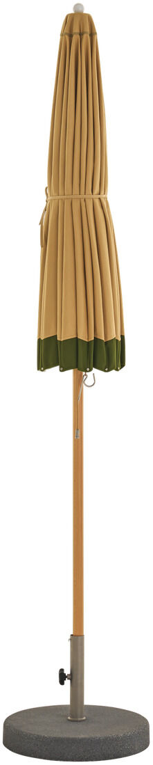 Ein stilvoller Pagodenschirm in Olivgrün und Beige, auf einem stabilen Standfuß montiert. Der Sonnenschirm eignet sich hervorragend als dekoratives und funktionales Gartenmöbel, ideal für sommerliche Veranstaltungen im Freien.