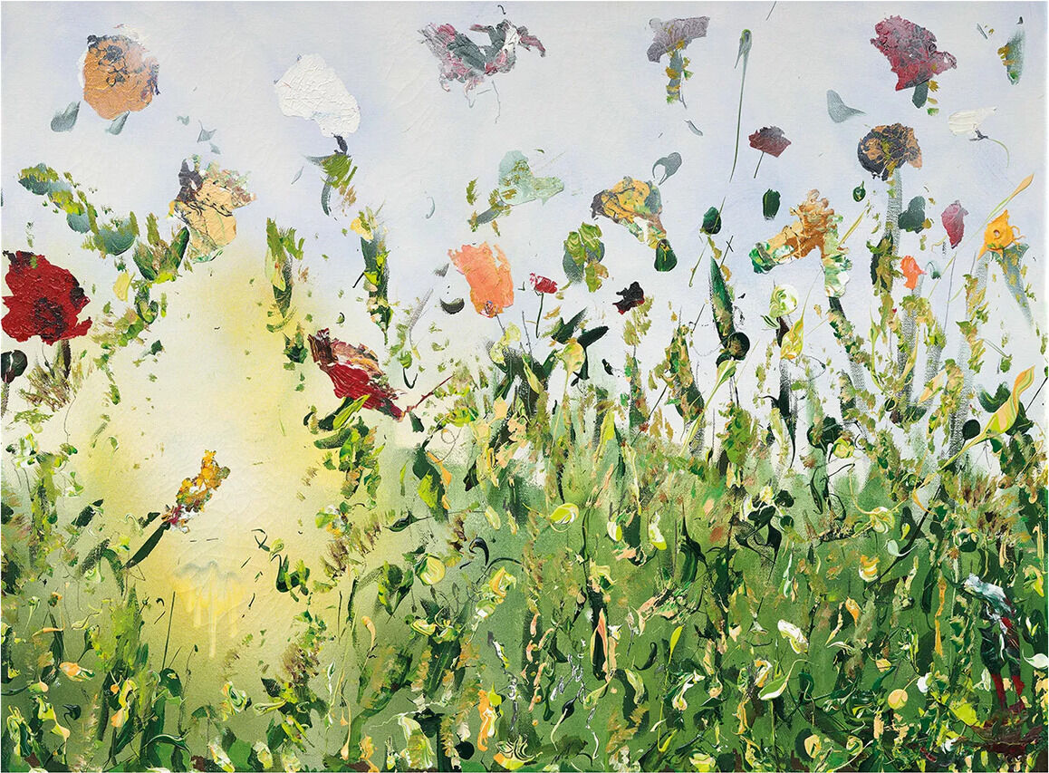 Abstrakte Malerei von Christine Müller, »Maurice' Zaubergarten, nach Le Tombeau de Couperin«, 2022. Das Bild zeigt eine lebendige Blumenwiese mit verschiedenen bunten Blumen vor einem bläulichen Himmel. Die Farben variieren von Grün über Rot, Weiß, Gelb bis Blau. Die Darstellung vermittelt ein Gefühl von Frische und Natur.