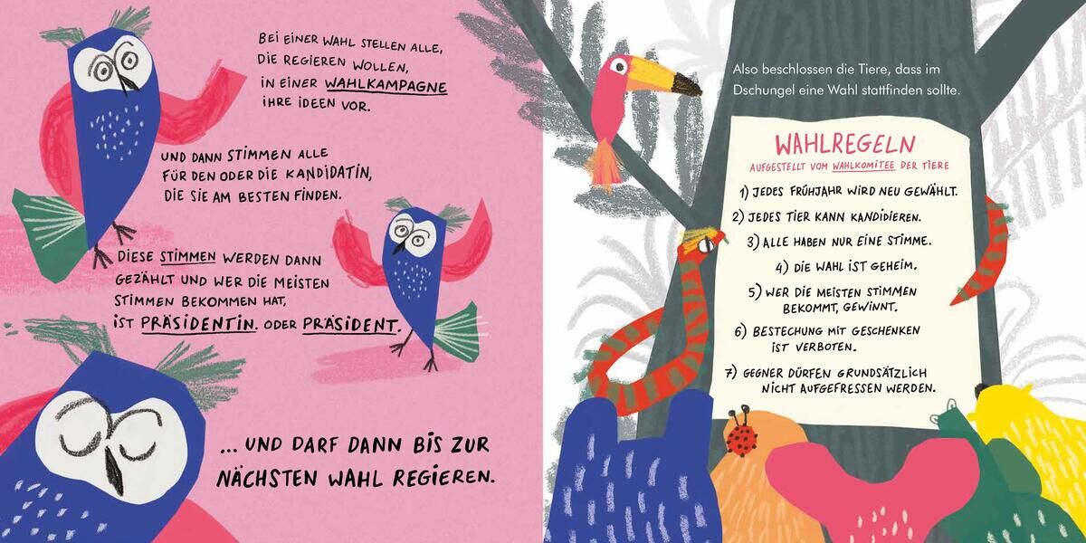 Eine bunte Kinderbuch-Doppelseite aus dem Buch 'Im Dschungel wird gewählt'. Die Seite zeigt farbenfrohe Illustrationen von Eulen und anderen Tieren im Dschungel. Ein rosa und blauer Vogel erklärt die Wahlregeln für die Dschungelwahl. Auf der rechten Seite sind die Wahlregeln in einer Liste aufgeführt. Der Hintergrund ist teilweise grün mit Baumillustrationen.