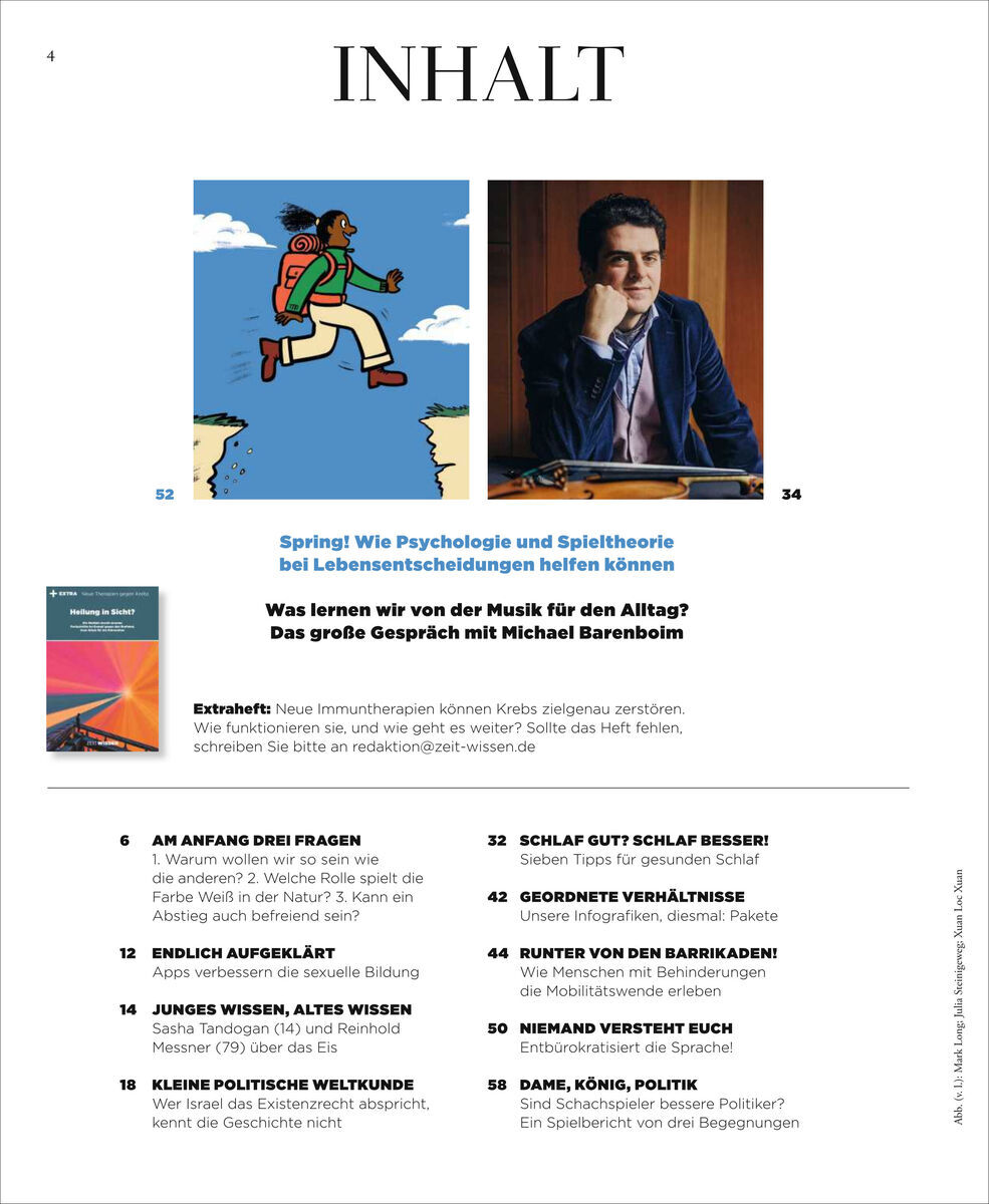 Seite aus ZEIT Wissen 1/24 Die Nacht Magazin, zeigt Inhalte wie ein Gespräch mit Michael Barenboim und Artikel über Psychologie und Spieltheorie. Enthält Illustrationen und Farbfotos.