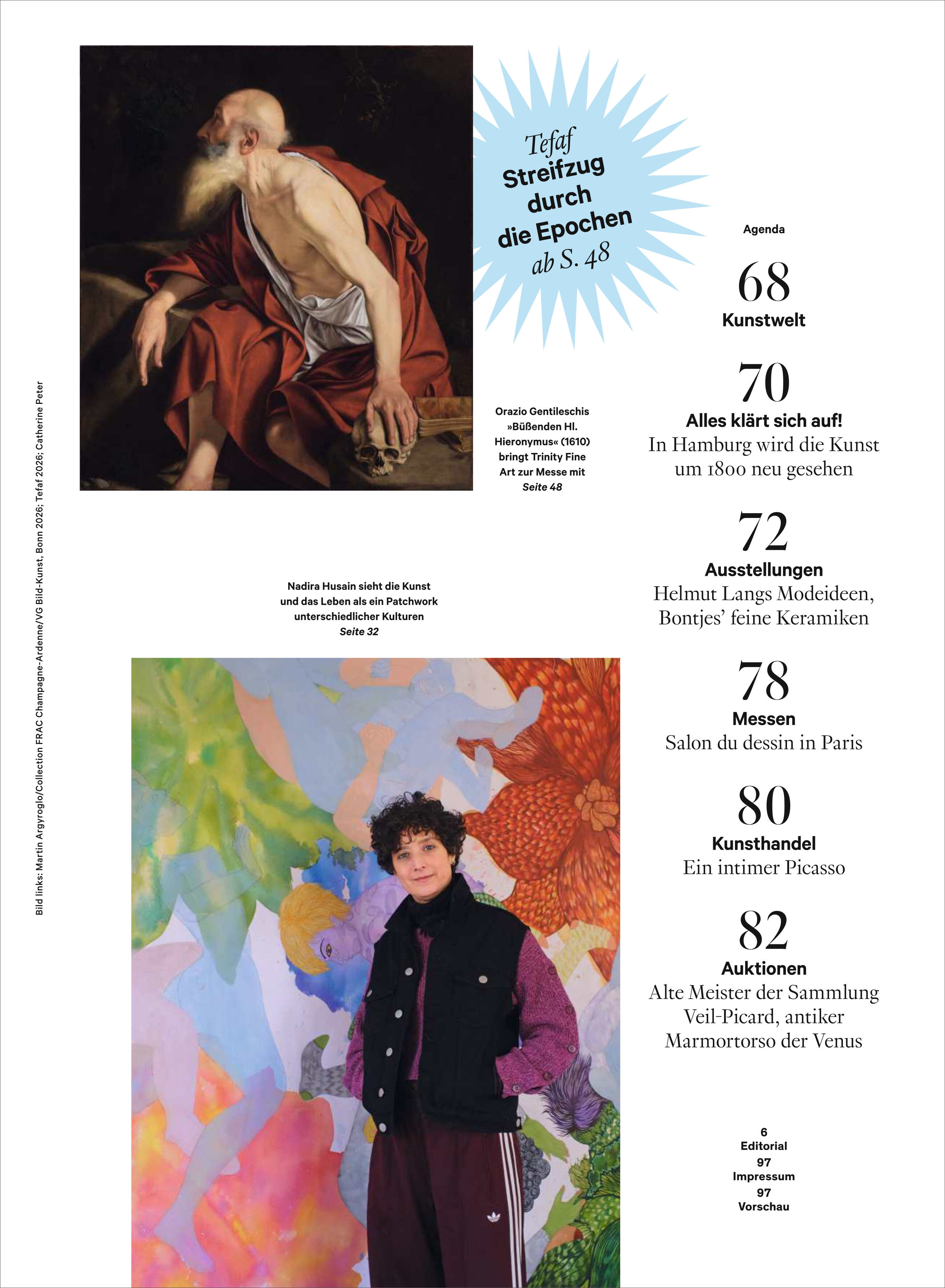 Die Titelseite eines Kunstmagazins mit zwei Abbildungen: Oben ein Gemälde eines alten Mannes mit weißem Bart und rotem Gewand, der nach rechts blickt. Unten steht eine jüngere Person mit lockigen Haaren vor einem farbenfrohen, abstrakten Hintergrund. Dazwischen eine Agenda mit Seitenzahlen und Themen, rechts unten das WELTKUNST-Logo.