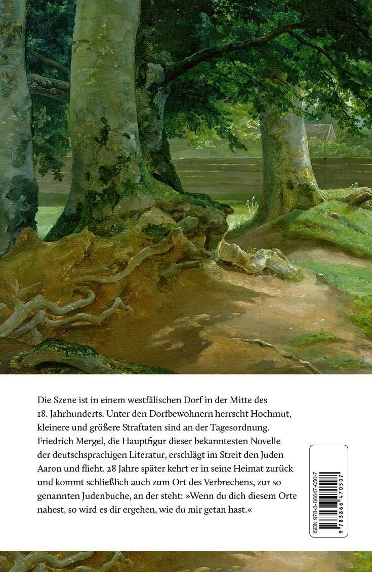 Das Bild zeigt das Buch ‚Judenbuche‘ von Droste-Hülshoff mit einem Cover, das eine ländliche Szenerie mit Bäumen und einem am Boden liegenden Baumstamm darstellt.