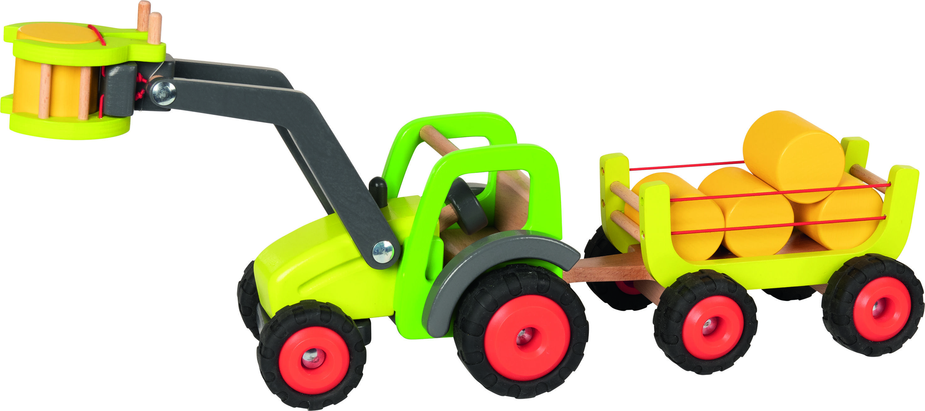 Holzspielzeug bestehend aus grün-gelbem Frontlader mit beweglichem Arm und Anhänger, beladen mit gelben Heuballen, auf schwarzen Reifen mit roten Felgen, geeignet für Kinder als kreatives und nachhaltiges Spielzeug mit landwirtschaftlichem Thema.