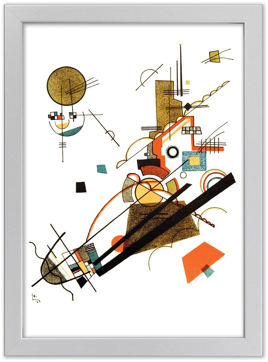 Abstraktes Kunstwerk von Wassily Kandinsky aus dem Jahr 1923, mit dem Titel ‚Fröhlicher Aufstieg‘. Das Bild zeigt eine komplexe Komposition von geometrischen Formen, Linien und Farben, die in einer harmonischen Weise arrangiert sind. Die Hauptfarben sind Weiß, Schwarz, Rot, Blau, Gelb, Grün und Orange. Es ist ein Beispiel der Modernen Kunst und gut für Kunstliebhaber geeignet.