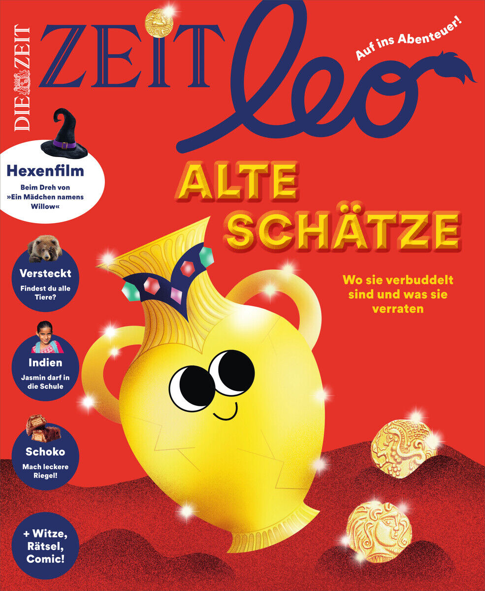 Cover der Kinderzeitschrift ZEIT LEO 2/25 mit dem Thema 'Alte Schätze'. Eine bunte Illustration eines gelben Kruges mit Augen und verschiedenen roten Elementen auf einem roten Hintergrund. Der Titel ist in großer, gelber Schrift dargestellt.