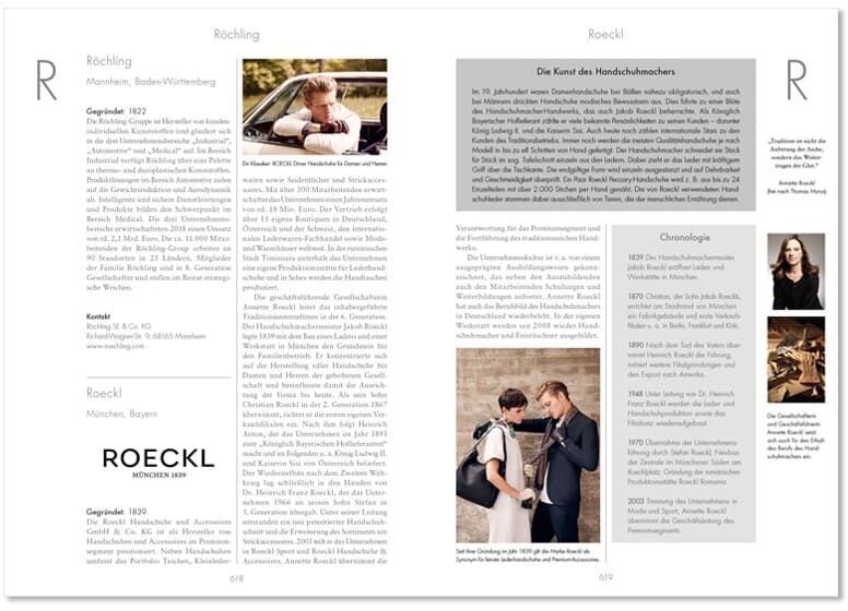 Aufgeschlagene Doppelseite eines Buches mit Text und Fotos von Unternehmensporträts. Das Buch ist betitelt 'Lexikon der deutschen Familienunternehmen'.