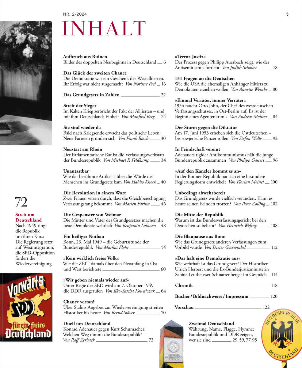 Titelseite der Zeitschrift ZEIT GESCHICHTE 2/24 mit dem Titel 'Die wehrhafte Demokratie', Artikelliste und Abbildung eines Frauens.