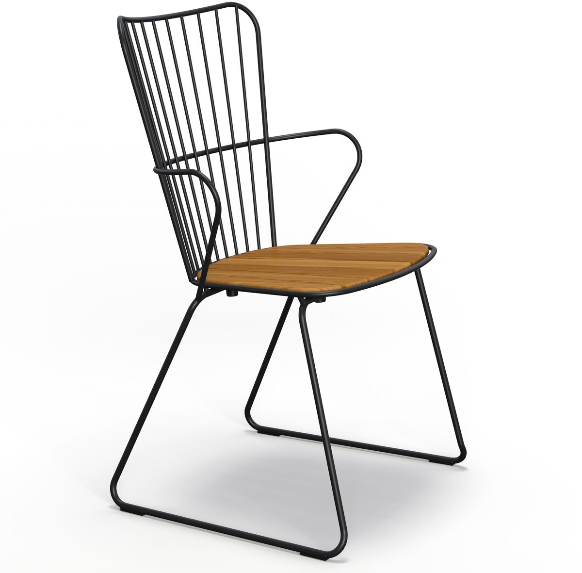 Ein moderner Esszimmerstuhl mit einem schwarzen Metallrahmen und einer Sitzfläche in Holzoptik. Der Stuhl hat ein minimalistisches, ergonomisches Design und eignet sich für den Innen- und Außenbereich.