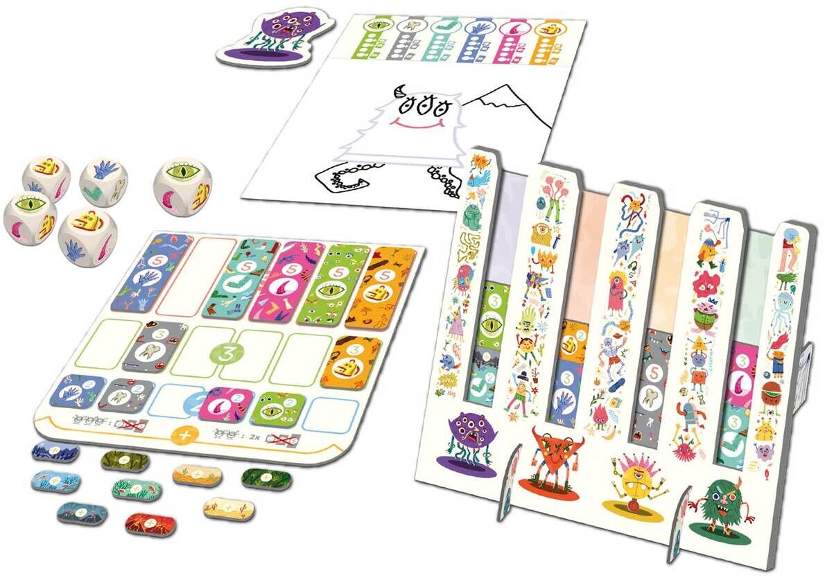 Ein Brettspiel mit dem Titel 'Mal mal'n Monster', das Karten, Würfel und Spielfiguren mit bunten Zeichnungen von Monstern zeigt. Das Spiel bietet interaktive und kreative Malerlebnisse für Kinder.