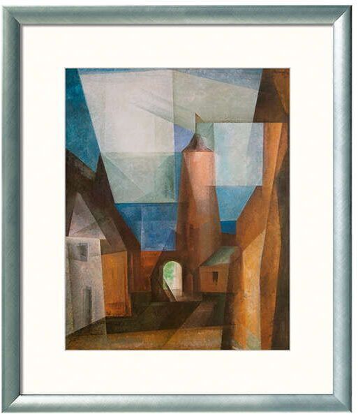 Gemälde von Lyonel Feininger aus dem Jahr 1928, das den Turm von Treptow an der Rega in einem expressionistischen Stil zeigt. Gebäude und architektonische Formen sind in Blau, Braun, Ocker, Beige, Grün und Weiß dargestellt. Der Turm dominiert das Zentrum des Bildes, umgeben von abstrakten Gebäuden und klaren, geometrischen Linien, eingefasst in einem silbernen Rahmen.