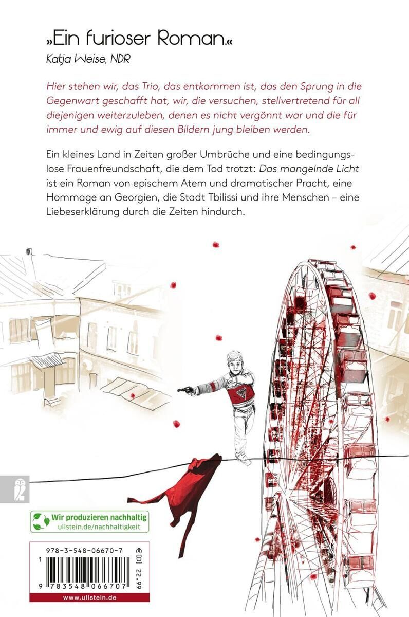 Rückseite des Buches 'Das mangelnde Licht' von Nino Haratischwili. Eine Illustration zeigt eine rot-weiße, stilisierte Szene mit einem Riesenrad, Häusern im Hintergrund und einer Frau in einem roten Kleid, die nach oben schaut.