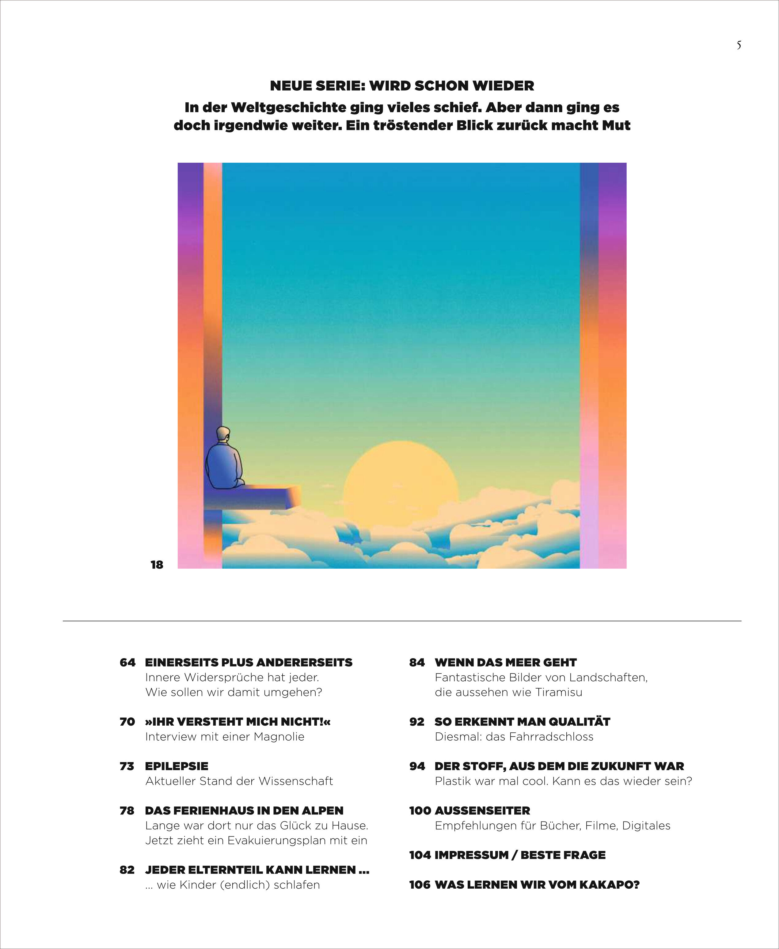 Cover der ZEIT WISSEN Ausgabe 3/25, Titel 'Wird schon wieder?'. Eine Illustration zeigt eine Person, die auf einem Berg sitzt und auf einen bunten Himmel blickt. Der Himmel zeigt einen Farbverlauf von Blau zu Orange, Pink und Violett. Das Cover beinhaltet zusätzlich Artikelüberschriften und Seitennummern.