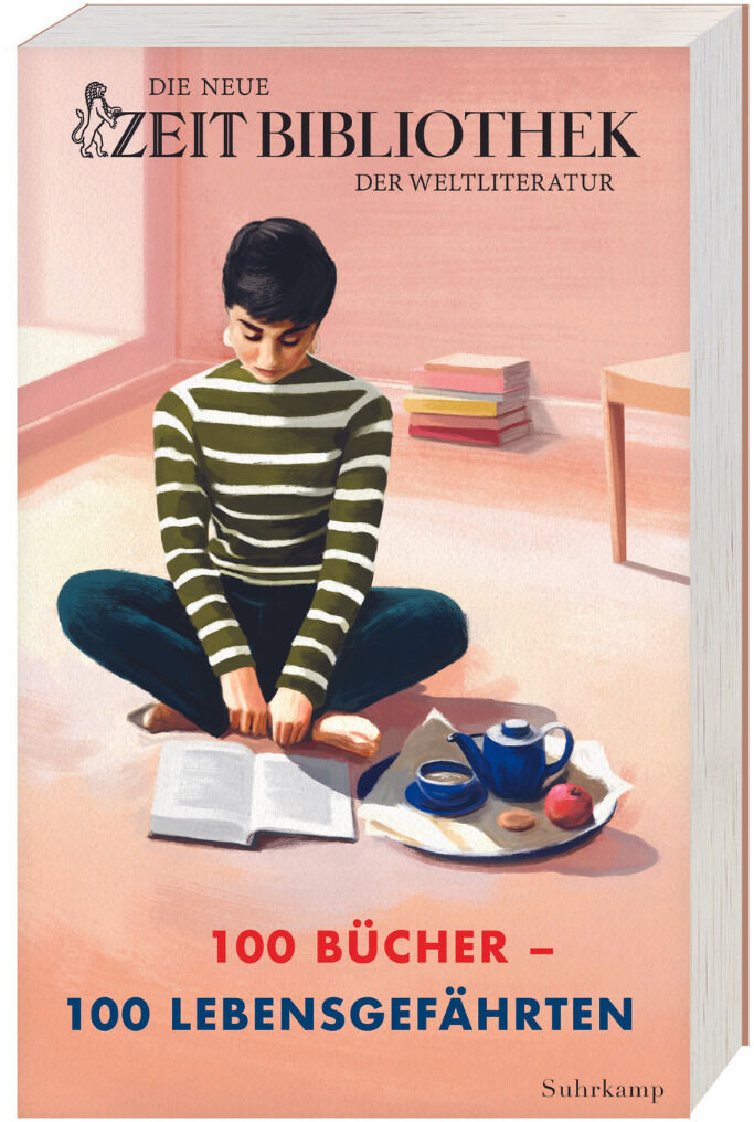 Ein Paperback-Buch mit dem Titel »100 Bücher, 100 Lebensgefährten« aus der Serie Die Neue Zeit Bibliothek der Weltliteratur. Das Cover zeigt eine Person, die gemütlich auf dem Boden sitzt und liest. Im Hintergrund sind Bücherregale und ein Tisch zu sehen. Veröffentlicht von Suhrkamp.