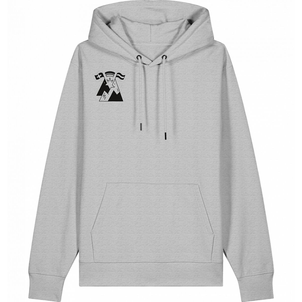 Hellgrauer Hoodie mit Kapuze und Kängurutasche. Auf der linken Brust ist ein schwarzes Druckmotiv mit Alpenbergen und drei Flaggen, die für die Begrüßungen 'Servus, Grüezi, Hallo' in Deutschland, Österreich und der Schweiz stehen. Das Design ist schlicht und modern gehalten.