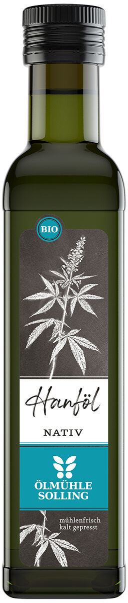 Die Abbildung zeigt eine 250-ml-Flasche Bio Hanföl nativ von Ölmühle Solling. Das Etikett ist türkis, weiß und schwarz gestaltet. Es enthält eine stilisierte Hanfpflanze, das Markenlogo sowie Produktname und Hinweise zu Frische und Qualität. Die Flasche ist aus dunklem Glas.
