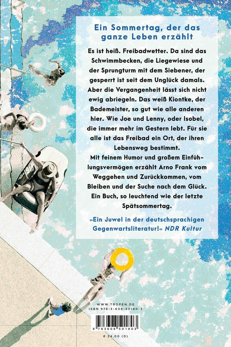 Rückseite des Buches 'Seemann vom Siebener' von Frank A., mit einem blauen Hintergrund, einer Illustration von einem Sprungbrett und einem Schwimmer, sowie einem kurzen Beschreibungstext.