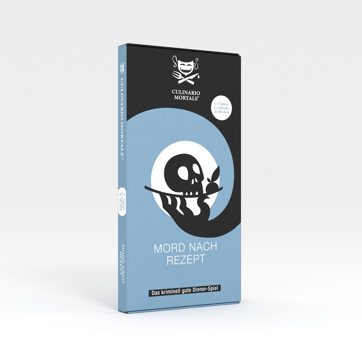 Schachtel des Krimi-Dinner Spiels 'Mord nach Rezept' von Culinario Mortale mit einem Skelett-Logo und dem Schriftzug 'Das kriminell gute Dinner-Spiel'.