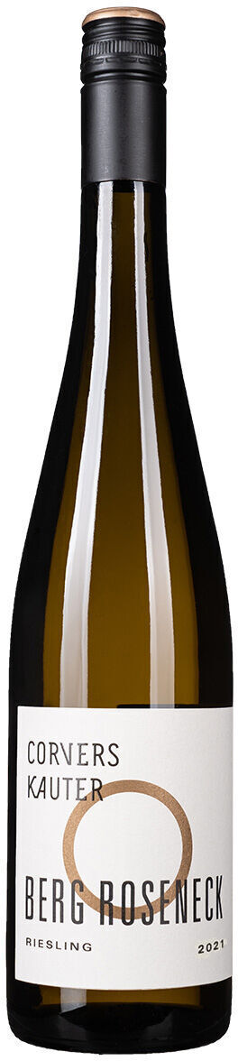 Eine Flasche Riesling Weißwein der Marke 'Berg Roseneck' Jahrgang 2021, mit einem schwarzen Schraubverschluss und einem weißen Etikett mit schwarzer und goldener Schrift.