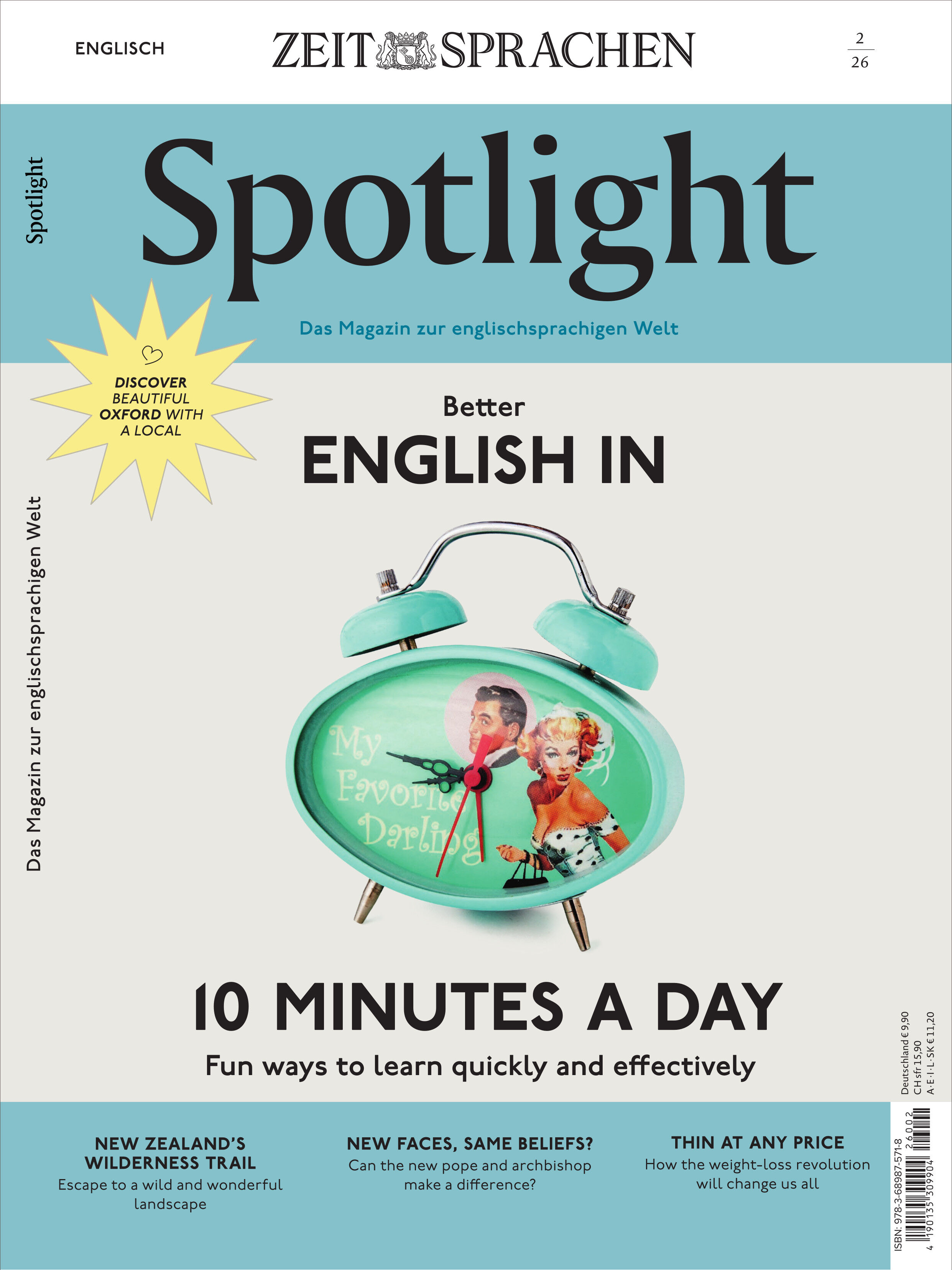 Titelbild des Spotlight Magazin 2/2026 mit gelbem Hintergrund und großem Titel „Spotlight“. Im Zentrum steht ein grüner Retro-Wecker mit nostalgischem Bild, darüber der Text „Better English in 10 Minutes a Day“. Oberhalb befindet sich ein gelber Stern mit dem Hinweis auf das Titelthema NEW LONDON.