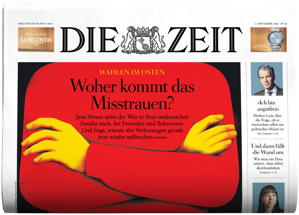 Titelbild der Wochenzeitung DIE ZEIT 38/2026. Im Zentrum ein rotes Feld mit Illustration zweier verschränkter Arme in Gelb, Text: 'Woher kommt das Misstrauen?'. Oben das ZEIT-Logo, seitlich Porträts und Artikelauszüge. Moderne, kontrastreiche Gestaltung.