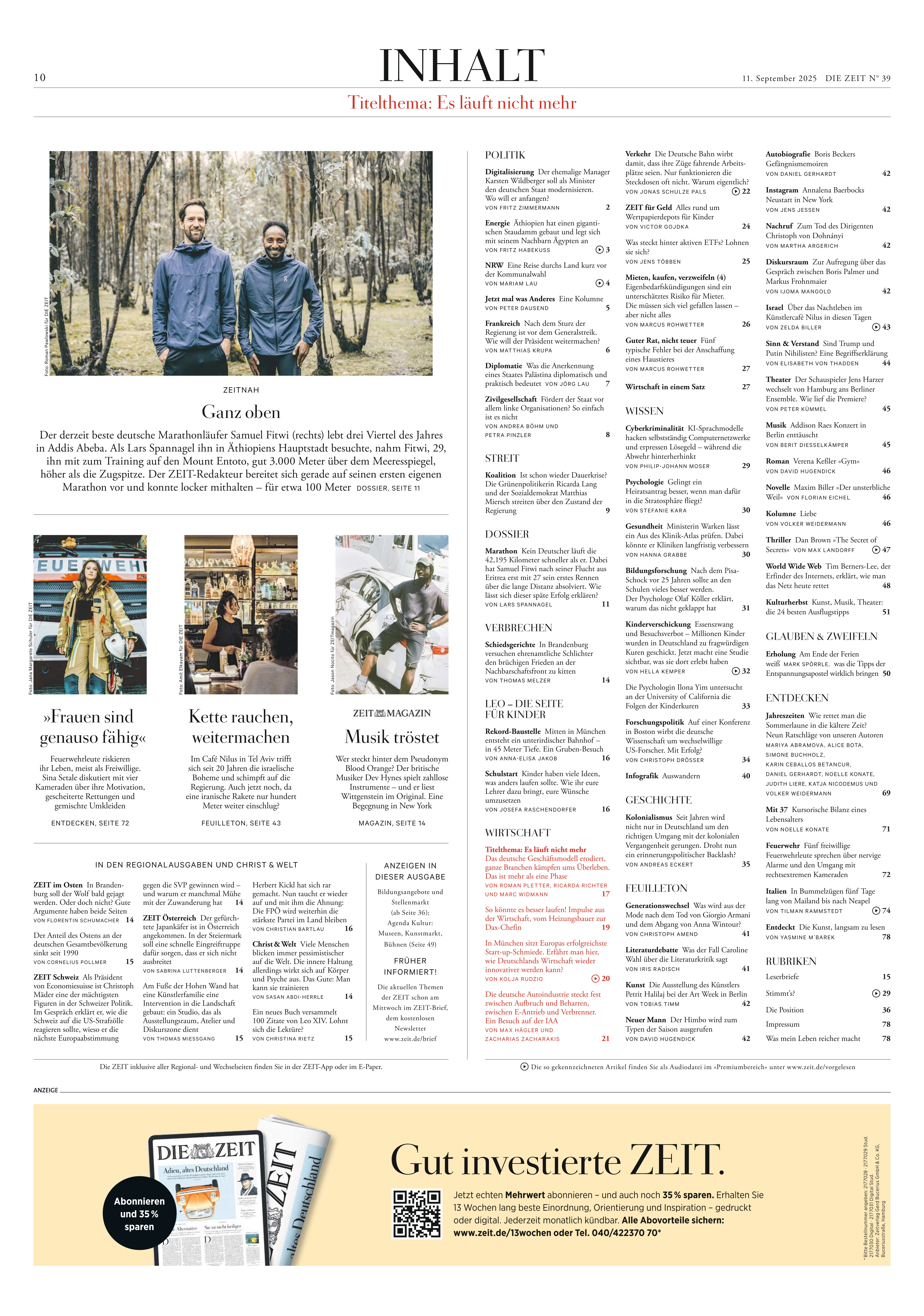 Abbildung einer Zeitungsseite der Ausgabe DIE ZEIT 39/2025 mit einem übersichtlichen Inhaltsverzeichnis, verschiedenen Fließtexten, Bildern und Themenschwerpunkten aus Politik, Kultur und Gesellschaft im klassischen Zeitungsdesign.