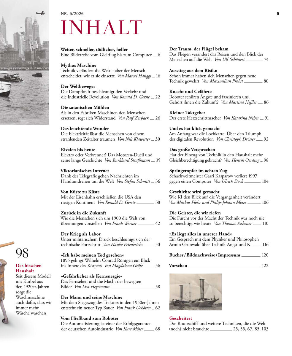 Inhaltsseite des Magazins ZEIT GESCHICHTE 5/26 mit roter Überschrift 'INHALT', Artikelüberschriften, Seitenzahlen und kurzen Inhaltsbeschreibungen in Schwarz. Links oben ein Schwarzweißfoto aus einer Stadt mit Flugzeugen. Moderne, aufgeräumte Gestaltung, weißer Hintergrund.