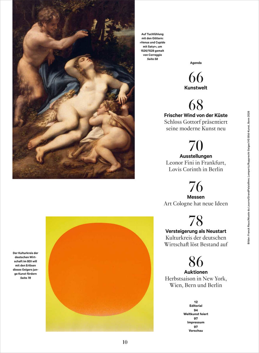 Magazinseite von WELTKUNST mit Agenda. Links oben ein dunkles klassisches Gemälde mit mehreren nackten Figuren, darunter ein abstraktes Bild: großer orangefarbener Kreis auf gelbem Grund. Rechts stehen Rubriken und Seitenzahlen, etwa Kunstwelt 66, Ausstellungen 70, Messen 76 und Auktionen 86.