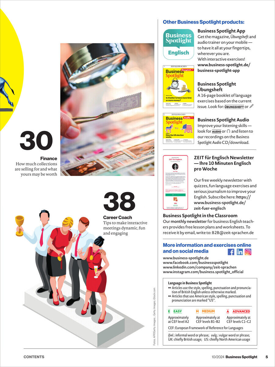 Cover des Business Spotlight Magazins 10/2024, das verschiedene Themen wie Finanzen, Karriereberatung und Englischlernen behandelt. Auf dem Cover sind Grafiken von Geschäftsleuten, eine Lupe über Papiergeld und Textboxen mit Informationen über weitere Produkte der Business Spotlight Reihe zu sehen.