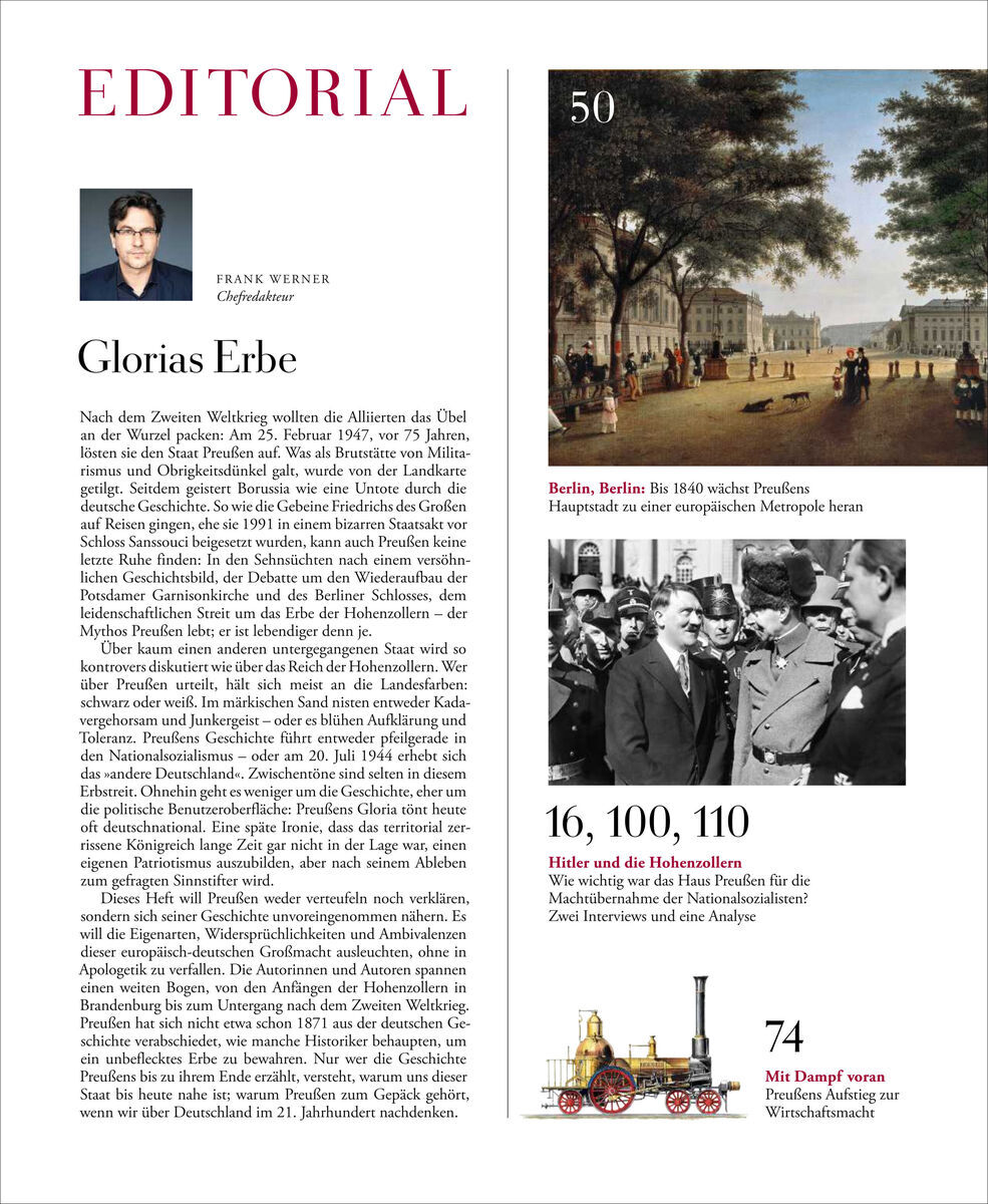 Titelbild der Zeitschrift ZEIT GESCHICHTE 1/22 mit Schwerpunkt auf Preußen. Artikel über Berlins Geschichte mit mehreren Bildern, einschließlich historischer Fotografien und einer Illustration eines Dampfzuges. Enthält einen Editorial-Abschnitt mit einem Bild von Frank Werner.