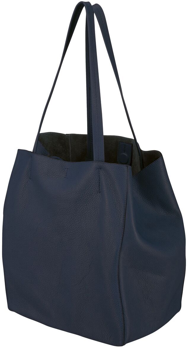 Eine dunkelblaue Ledertasche mit langen Trägern. Die Tasche hat ein schlichtes und zeitloses Design.