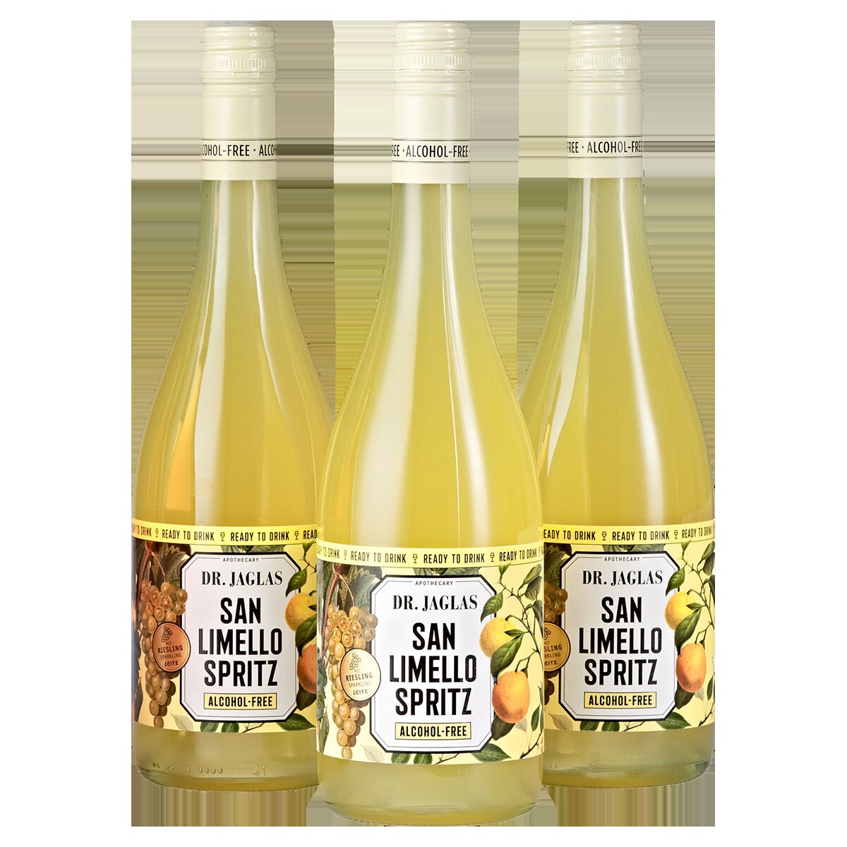 Drei Flaschen San Limello Spritz, ein alkoholfreies Getränk, harmonisch arrangiert mit gelben und grünen Zitrusmotiven auf dem Etikett.