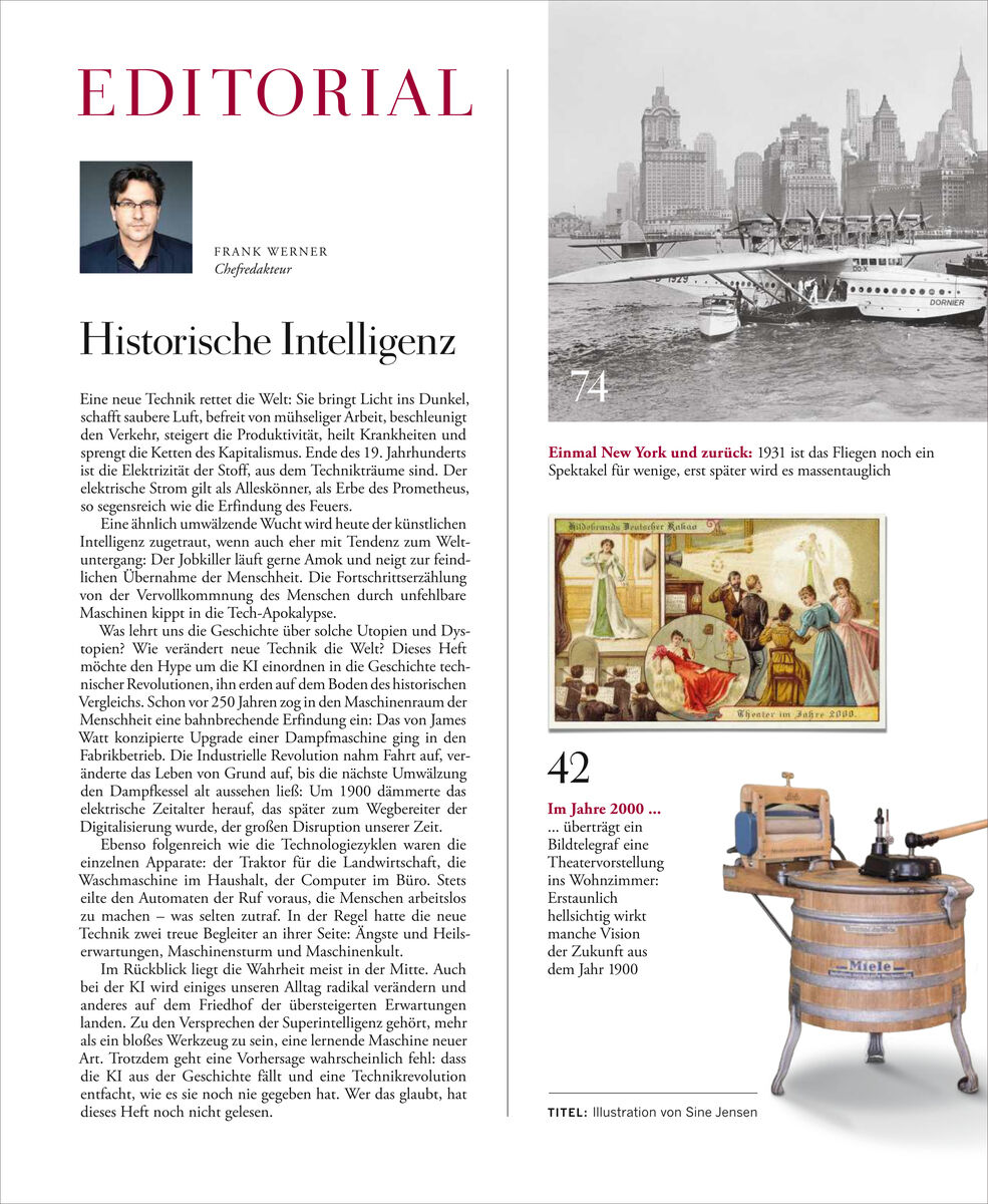 Titelseite eines Magazins mit 'EDITORIAL' in Rot, Portrait von Frank Werner, historischem Foto eines Wasserflugzeugs vor Skyline, Bild einer alten Szenerie, historischer Buttermaschine, Text über Technik und Geschichte, dezente Farben, seriöses Layout.