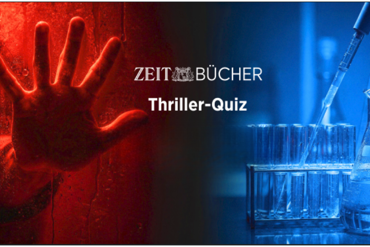 Zwei kontrastierende Bildhälften: links ein roter, aufgedrückter Handabdruck an beschlagenem Glas, rechts blaue Szene mit mehreren gläsernen Reagenzgläsern in einem Gestell und einer Pipette. In der Mitte Text: "ZEIT BÜCHER Thriller-Quiz" auf schwarzem Hintergrund.