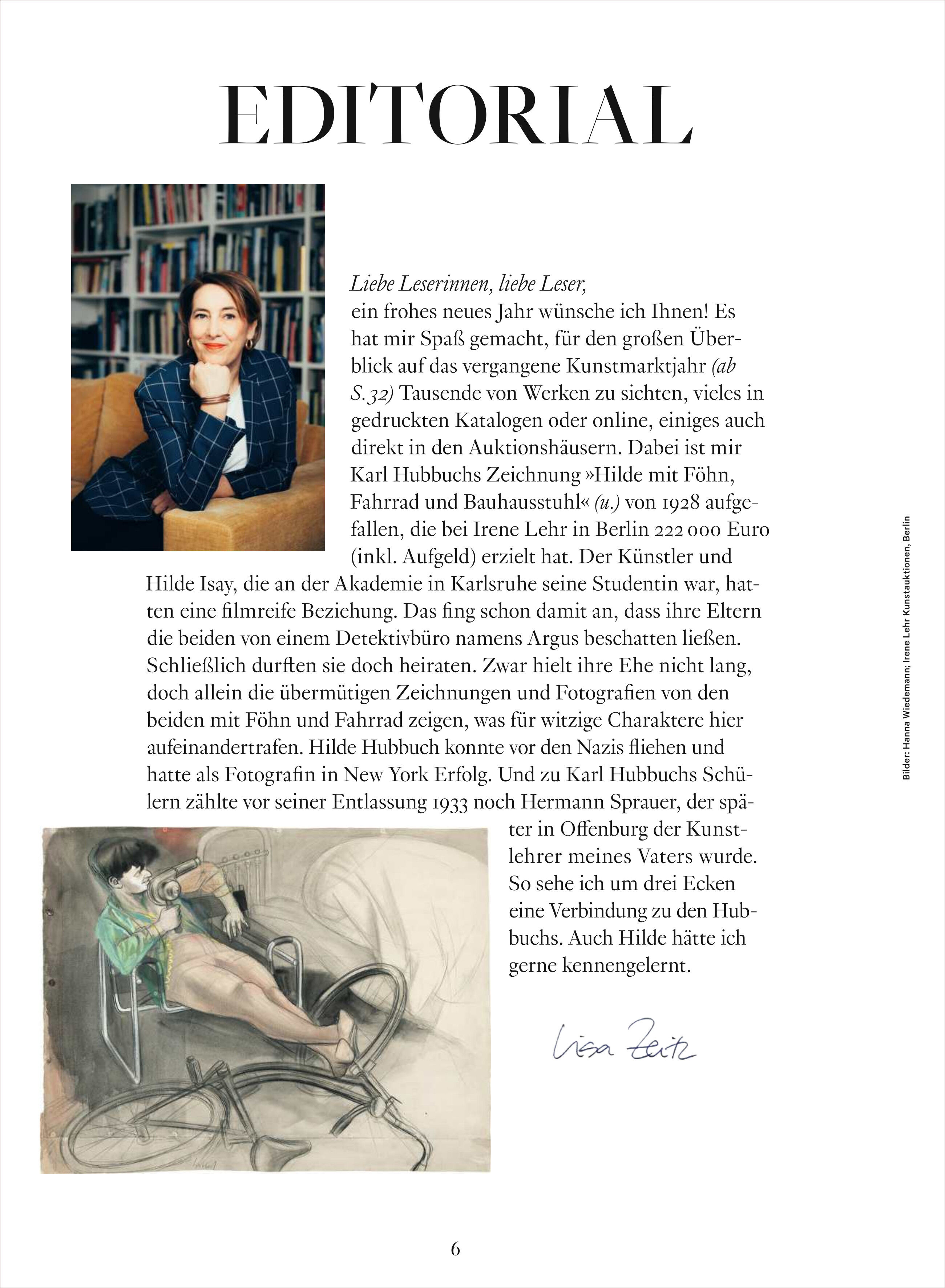 Eine Magazinseite mit dem Titel 'EDITORIAL', oben links ein Porträtfoto einer Frau vor Bücherregalen, rechts Text in Schwarz und unten eine farbige Zeichnung einer Frau auf einem Fahrrad liegend. Am unteren Rand befindet sich eine eingescannte Unterschrift. Das Design ist klar und elegant, mit dezenten Farben und künstlerischen Elementen.